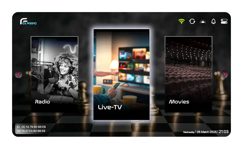 STB IPTV Player interface with Live TV, Radio, and Movies options